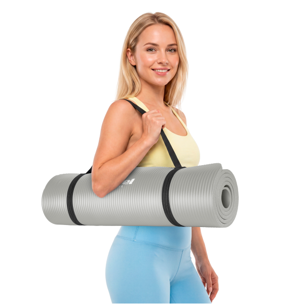 Mata gimnastyczna do ćwiczeń joga, pilates, fitness, 183x61cm, grubość 1cm, materiał NBR, szara, REBEL ACTIVE