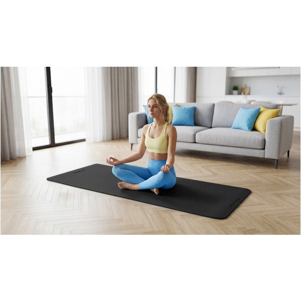 Mata gimnastyczna do ćwiczeń joga, pilates, fitness, 183x61cm, grubość 1cm, materiał TPE, czarna, REBEL ACTIVE
