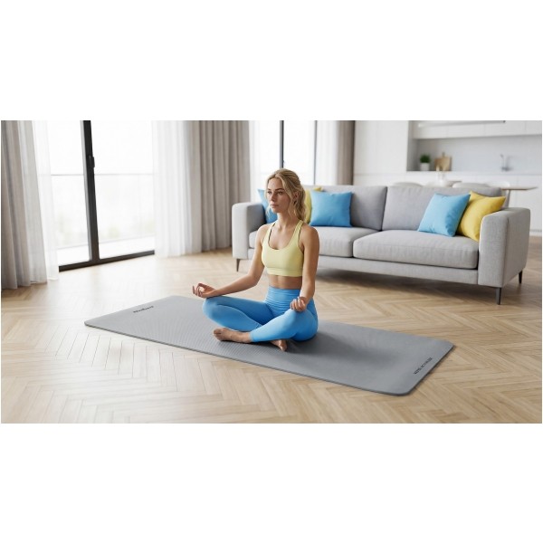 Mata gimnastyczna do ćwiczeń joga, pilates, fitness, 183x61cm, grubość 1cm, materiał TPE, szara, REBEL ACTIVE