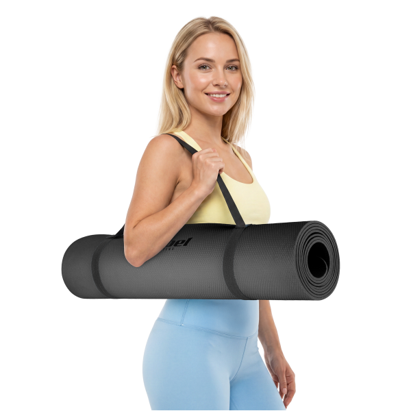 Mata gimnastyczna do ćwiczeń joga, pilates, fitness, 183x61cm, grubość 4mm, materiał TPE, czarna, REBEL ACTIVE
