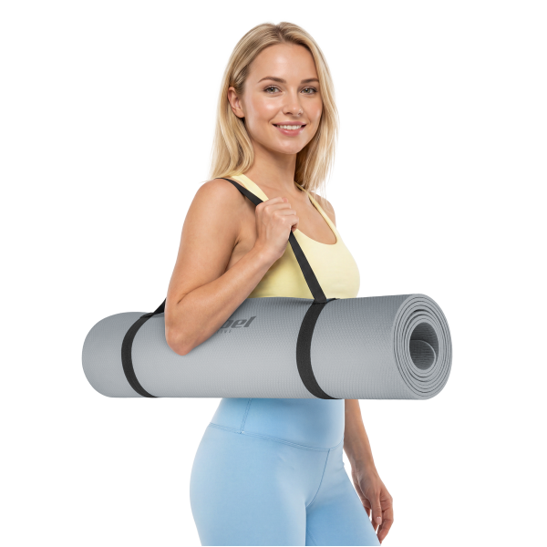 Mata gimnastyczna do ćwiczeń joga, pilates, fitness, 183x61cm, grubość 4mm, materiał TPE, szara, REBEL ACTIVE