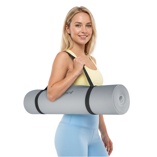 Mata gimnastyczna do ćwiczeń joga, pilates, fitness, 183x61cm, grubość 4mm, materiał TPE, szara, REBEL ACTIVE