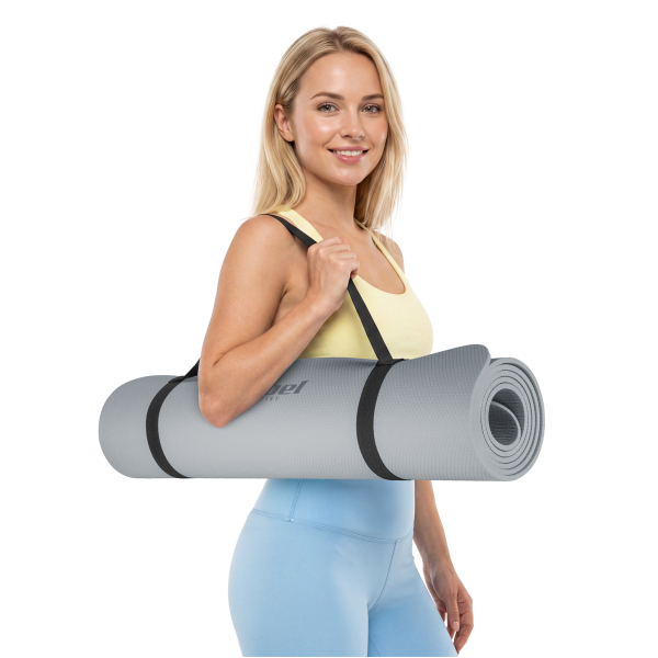 Mata gimnastyczna do ćwiczeń joga, pilates, fitness, 183x61cm, grubość 6mm, materiał TPE, szara, REBEL ACTIVE