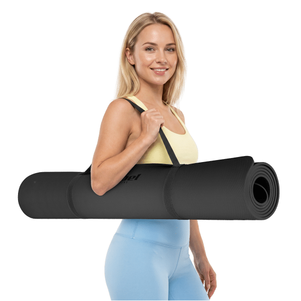 Mata gimnastyczna do ćwiczeń joga, pilates, fitness, 200x115cm, grubość 1cm, materiał TPE, czarna, REBEL ACTIVE