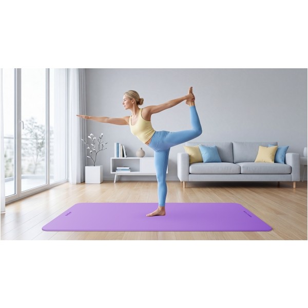 Mata gimnastyczna do ćwiczeń joga, pilates, fitness, 200x115cm, grubość 1cm, materiał TPE, fioletowa, REBEL ACTIVE