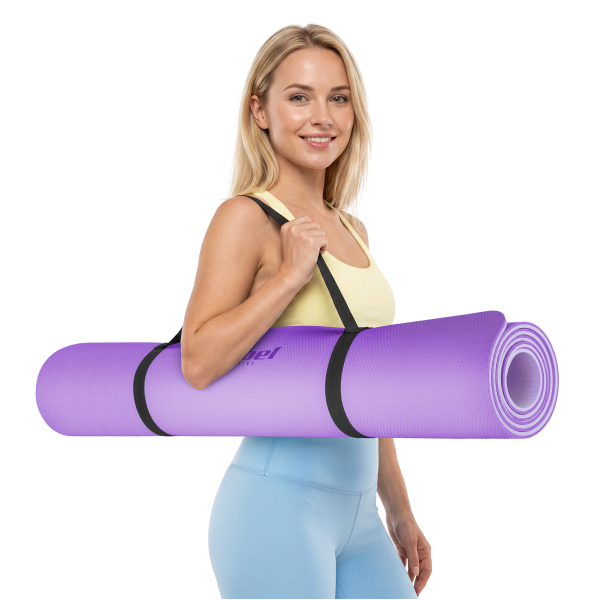 Mata gimnastyczna do ćwiczeń joga, pilates, fitness, 200x115cm, grubość 1cm, materiał TPE, fioletowa, REBEL ACTIVE