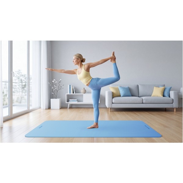 Mata gimnastyczna do ćwiczeń joga, pilates, fitness, 200x115cm, grubość 1cm, materiał TPE, niebieska, REBEL ACTIVE