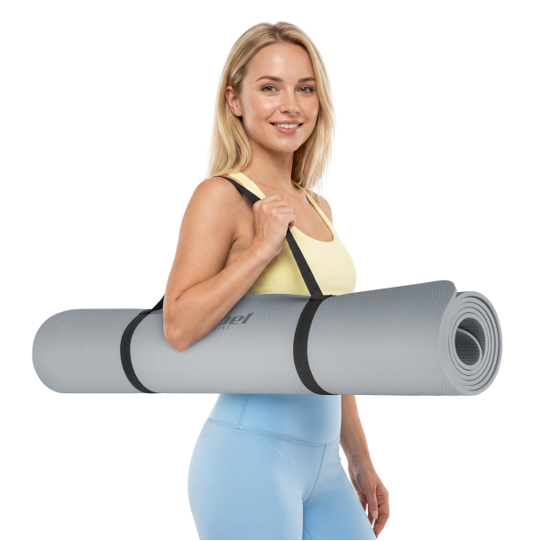 Mata gimnastyczna do ćwiczeń joga, pilates, fitness, 200x115cm, grubość 1cm, materiał TPE, szara, REBEL ACTIVE
