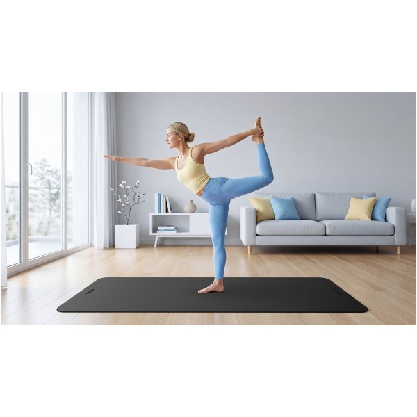 Mata gimnastyczna do ćwiczeń joga, pilates, fitness, 200x90cm, grubość 1cm, materiał TPE, czarna, REBEL ACTIVE