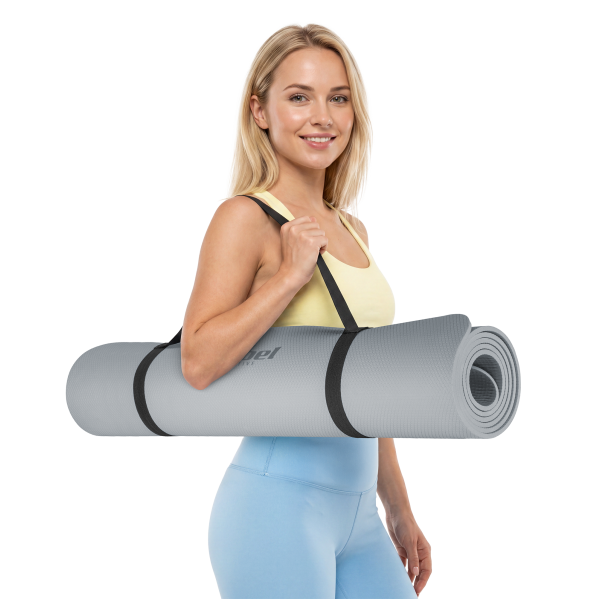 Mata gimnastyczna do ćwiczeń joga, pilates, fitness, 200x90cm, grubość 1cm, materiał TPE, szara, REBEL ACTIVE