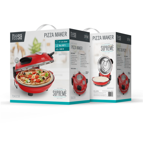 Piec do pizzy TEESA SUPREME + , 1200 W, 32 cm , okienko , wyjmowany kamień, sterowanie dwiema grzałkami