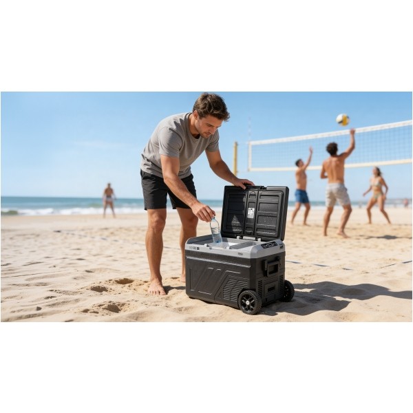 Profesjonalna lodówka turystyczna kompresorowa TEESA z funkcją mrożenia 40L DC12/24 AC 230V możliwość zasilania baterią , duże koła i solidna rączka , Bluetooth, dwie komory