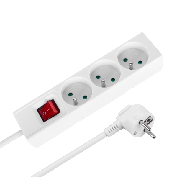 Przedłużacz 3 gniazda 2m typu francuskiego z przełącznikiem (3x1,5mm) Rebel biały