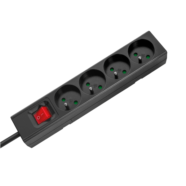 Przedłużacz 4 gniazda 1,5m typu francuskiego z przełącznikiem (3x1,0mm) Rebel czarny