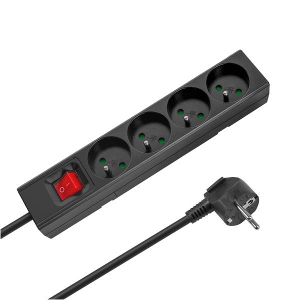 Przedłużacz 4 gniazda 3m typu francuskiego z przełącznikiem (3x1,5mm) Rebel czarny