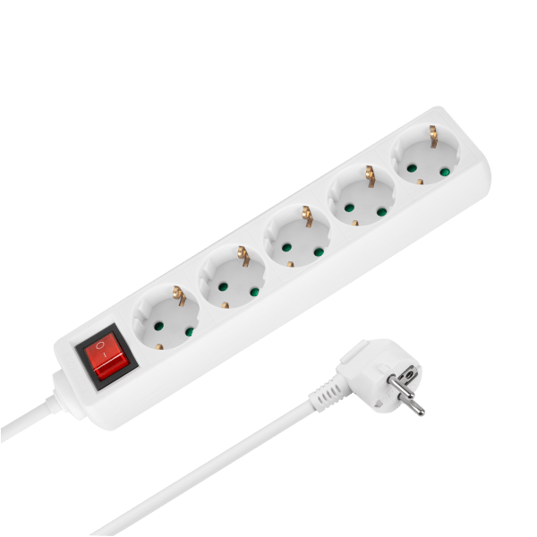 Przedłużacz 5 gniazd 1,5m typu niemieckiego z przełącznikiem (3x1,0mm) Rebel biały