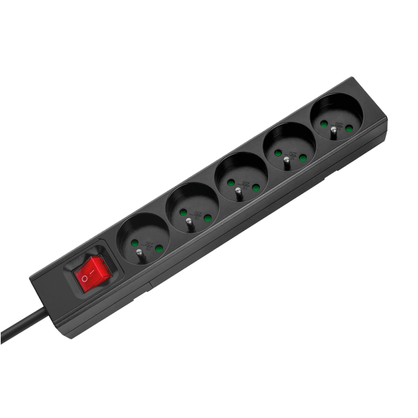 Przedłużacz 5 gniazd 2m typu francuskiego z przełącznikiem (3x1,5mm) Rebel czarny