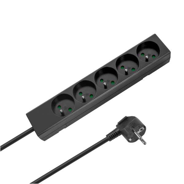 Przedłużacz 5 gniazd 3m typu francuskiego bez przełącznika (3x1,5mm) Rebel czarny