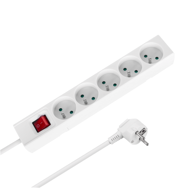 Przedłużacz 5 gniazd 5m typu francuskiego z przełącznikiem (3x1,5mm) Rebel biały