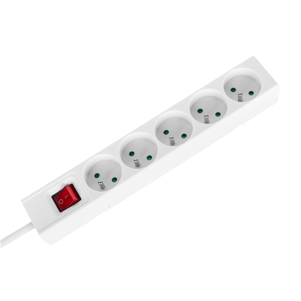 Przedłużacz 5 gniazd 5m typu francuskiego z przełącznikiem (3x1,5mm) Rebel biały