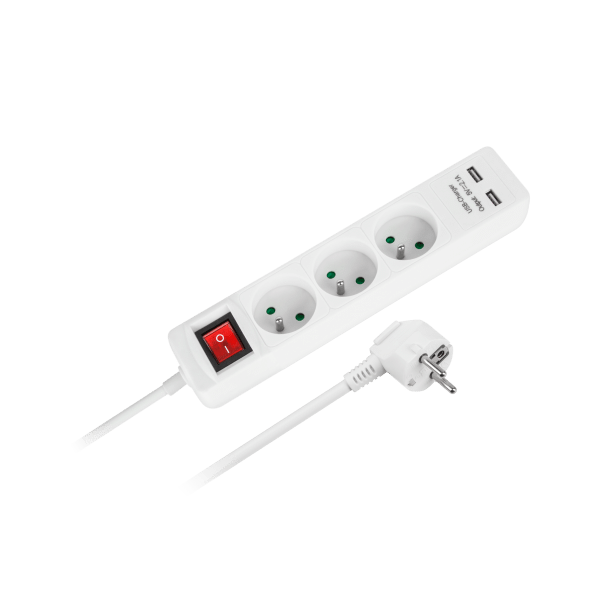 Przedłużacz sieciowy Rebel 3 gniazda + 2 gniazda USB, z wyłącznikiem - 3m