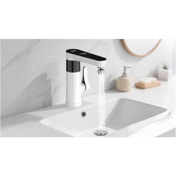 Przepływowy podgrzewacz wody - bateria stojąca biała