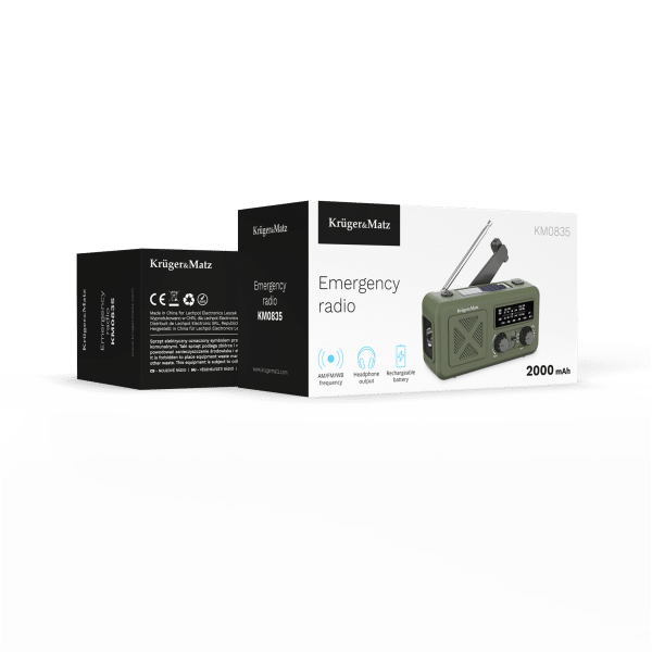 Radio solarne, przenośne radio awaryjne SOS, powerbank 2000mAh, latarka, dynamo, Kruger&Matz