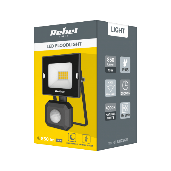 Reflektor LED naświetlacz Rebel 10W z sensorem ruchu i zmierzchu, 4000K, 230V
