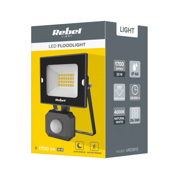 Reflektor LED naświetlacz Rebel 20W z sensorem ruchu i zmierzchu, 4000K, 230V