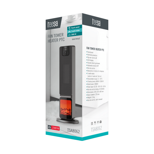 Termowentylator kolumnowy PTC Teesa z funkcją imitacją kominka (800/2000W)