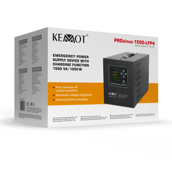 Zasilacz awaryjny KEMOT PROsinus-1500-LFP4 przetwornica z czystym przebiegiem sinusoidalnym i funkcją ładowania 12V 230V 1500VA/1050W