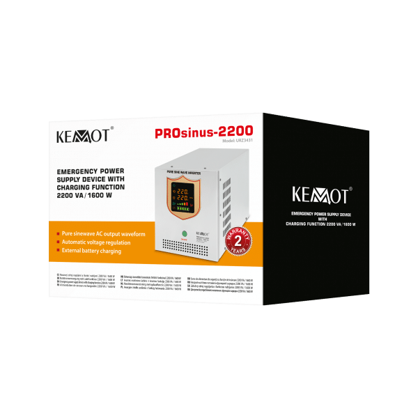 Zasilacz awaryjny KEMOT PROsinus-2200 przetwornica z czystym przebiegiem sinusoidalnym i funkcją ładowania 12V 230V 2200VA/1600W