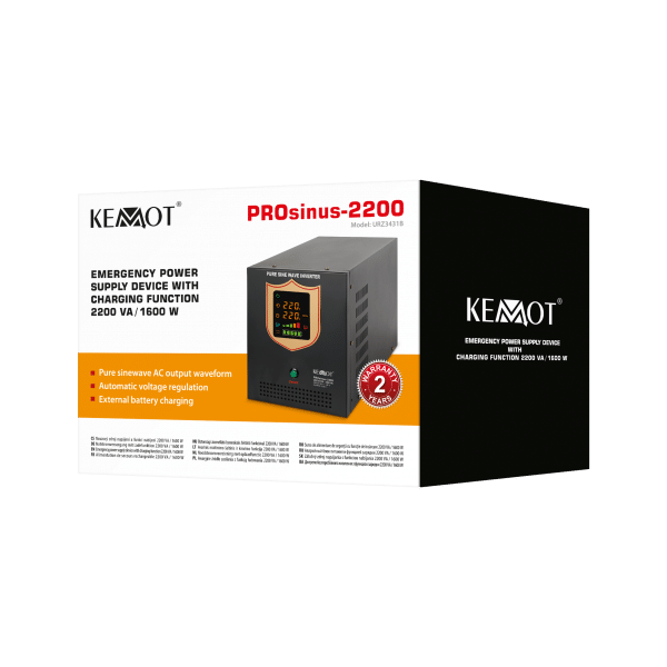 Zasilacz awaryjny KEMOT PROsinus-2200 przetwornica z czystym przebiegiem sinusoidalnym i funkcją ładowania 12V 230V 2200VA/1600W - kolor czarny