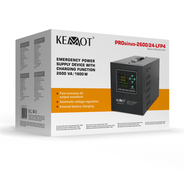 Zasilacz awaryjny KEMOT PROsinus-2600/24-LFP4 przetwornica z czystym przebiegiem sinusoidalnym i funkcją ładowania 24V 230V 2600VA/1800W