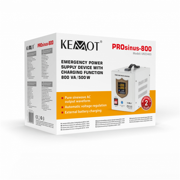 Zasilacz awaryjny KEMOT PROsinus-800 przetwornica z czystym przebiegiem sinusoidalnym i funkcją ładowania 12V 230V 800VA/500W