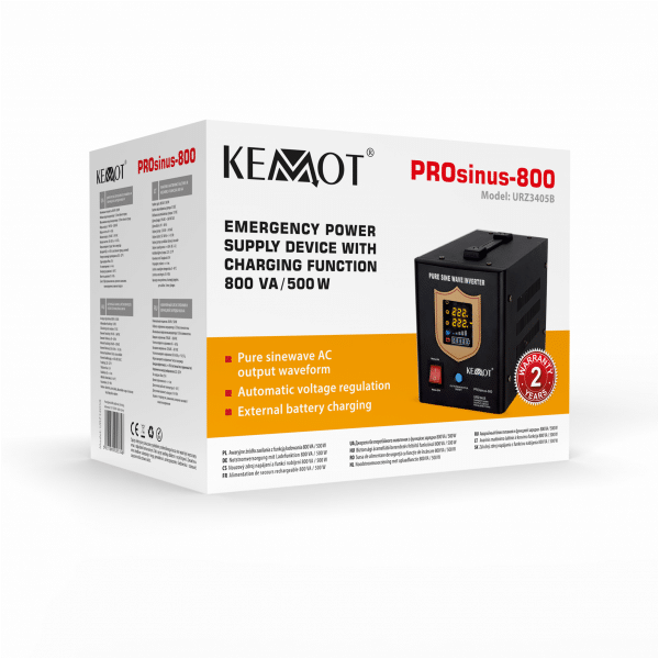 Zasilacz awaryjny KEMOT PROsinus-800 przetwornica z czystym przebiegiem sinusoidalnym i funkcją ładowania 12V 230V 800VA/500W - kolor czarny