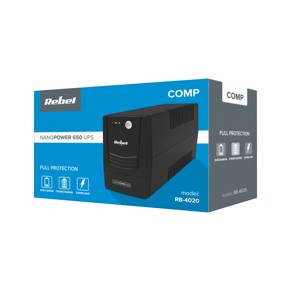 Zasilacz awaryjny komputerowy UPS REBEL model Nanopower 650 ( offline, 650VA / 360W , 230 V , 50Hz )