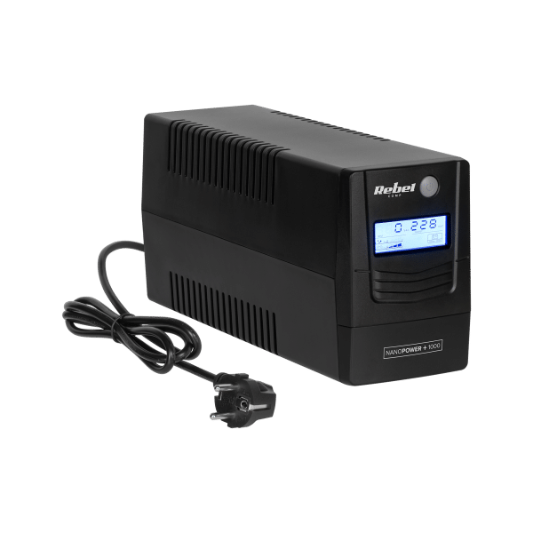 Zasilacz awaryjny komputerowy UPS REBEL model Nanopower Plus 1000 ( offline, 1000VA / 600W , 230 V , 50Hz , LCD , USB , RJ45 )