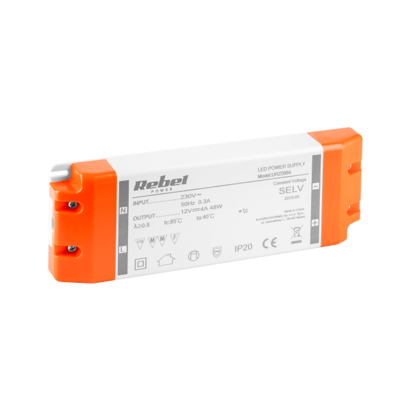 Zasilacz REBEL do sznurów diodowych LED 12V 4A (YSL60-1204000) 48Watt max.
