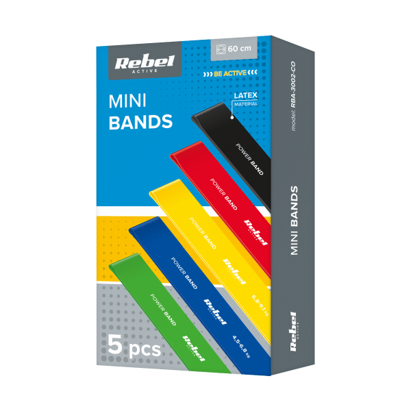 Zestaw gum do ćwiczeń lateksowy - Mini Band L, 2.3-18.2 kg, 5 gum, kolorowy, REBEL ACTIVE