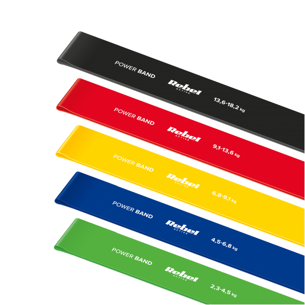 Zestaw gum do ćwiczeń TPE - Mini Band L, 2.3-18.2 kg, 5 gum, kolorowy, REBEL ACTIVE