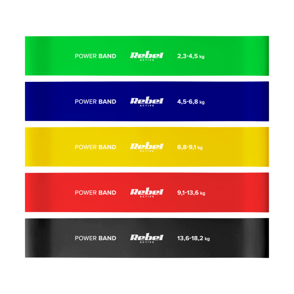 Zestaw gum do ćwiczeń TPE - Mini Band L, 2.3-18.2 kg, 5 gum, kolorowy, REBEL ACTIVE