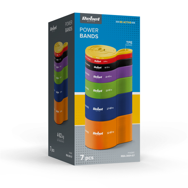 Zestaw gum do ćwiczeń TPE - Power Band PT-S7, 4-82 kg, 7 gum TPE, REBEL ACTIVE
