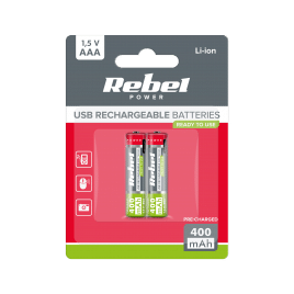 Akumulatorki REBEL AAA,400 mAh, Li-ion, 1,5V, 2szt/bl, R3, gniazdo typ C