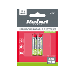 Akumulatorki REBEL AAA,400 mAh, Li-ion, 1,5V, 2szt/bl, R3, gniazdo typ C